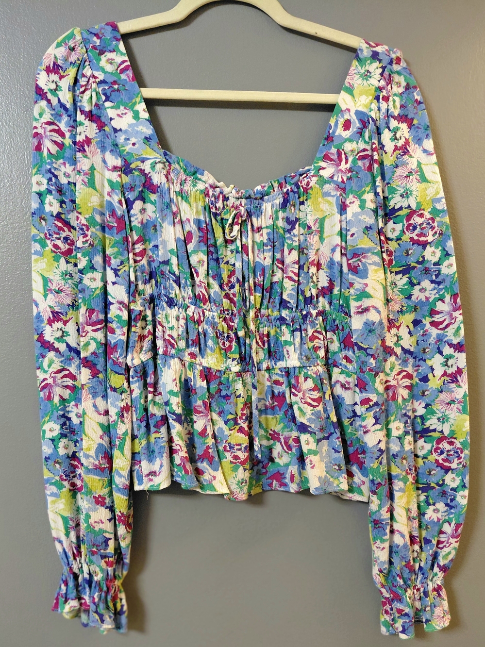 SO Floral Peasant Blouse in Blue, Green, Pink and White